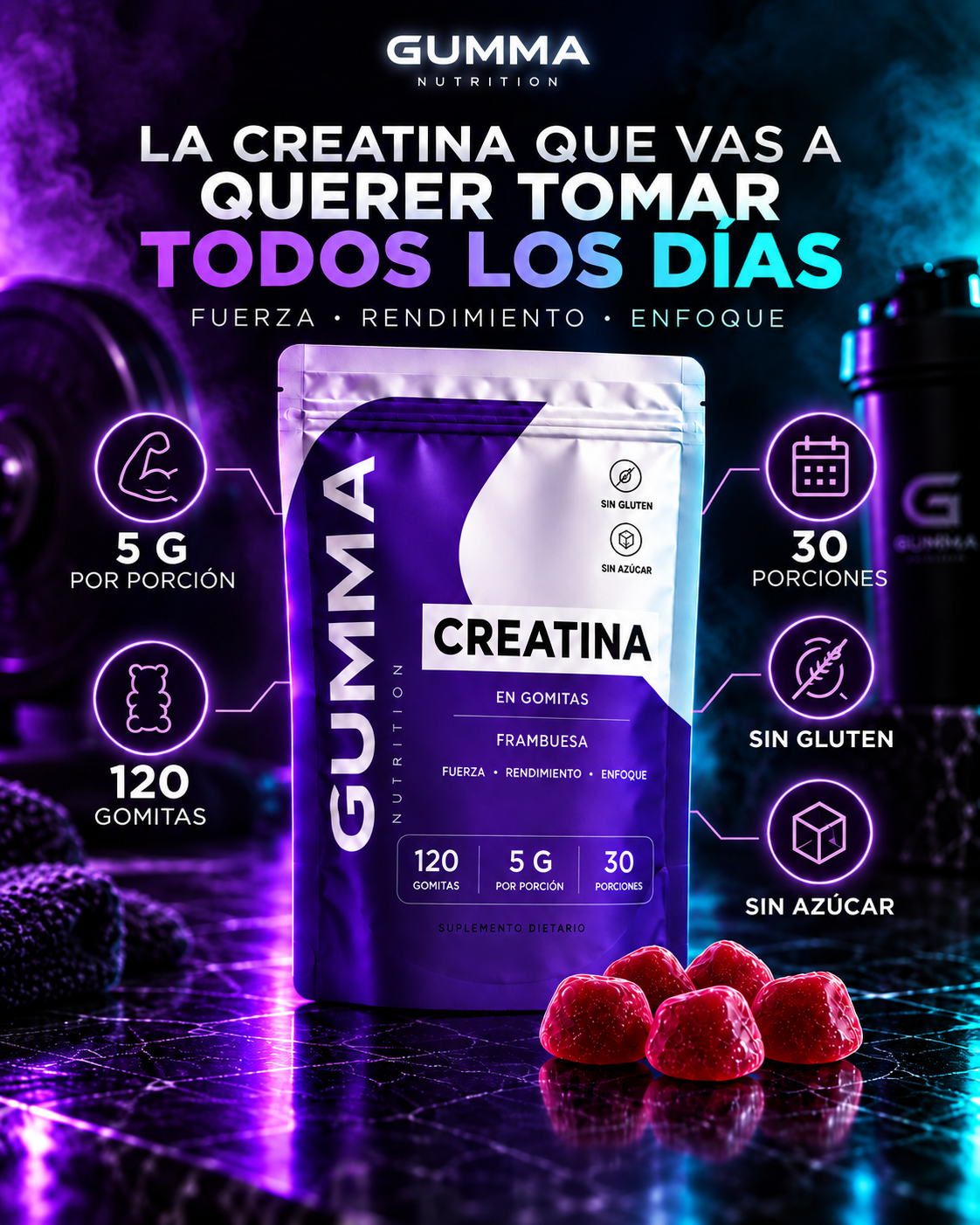 GUMMA GOMITAS DE CREATINA® Más fuerza para entrenar y para tu día.